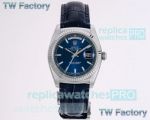 Replica TW Factory Rolex Day-Date 36MM Fluted Bezel Blue Leather Strap Watch 